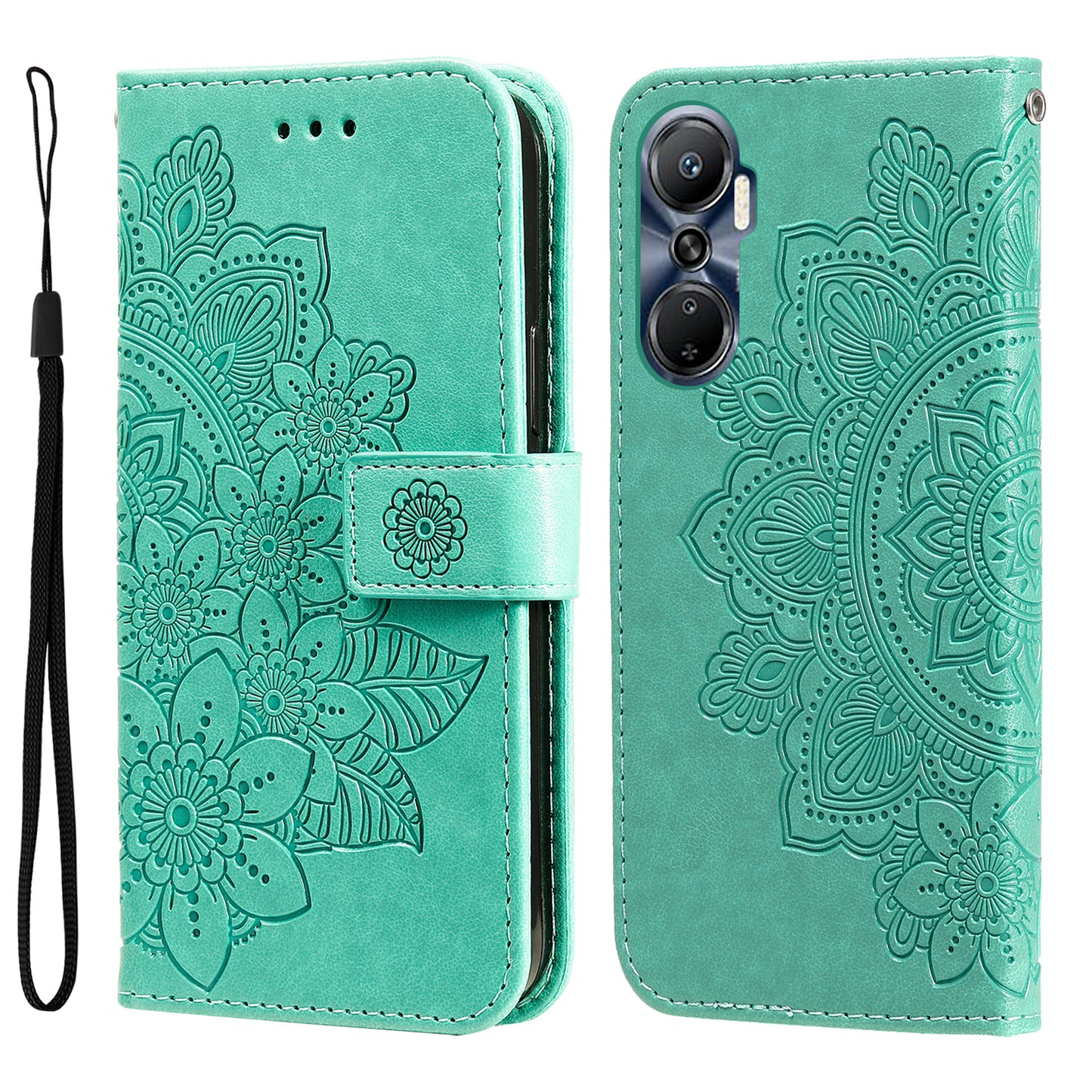 For Infinix Hot 20 4G Shockproof PU Leather Phone Case Stand Wallet Flower Imprinting Anti-drop Phone Cover with Strap