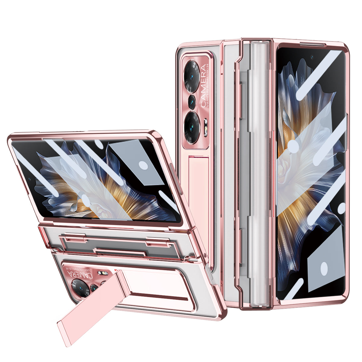 For Honor Magic Vs Ultimate 5G / Magic Vs 5G Anti-fall Transparent Phone Case Electroplating PC Folding Back Cover Kickstand with Tempered Glass Film