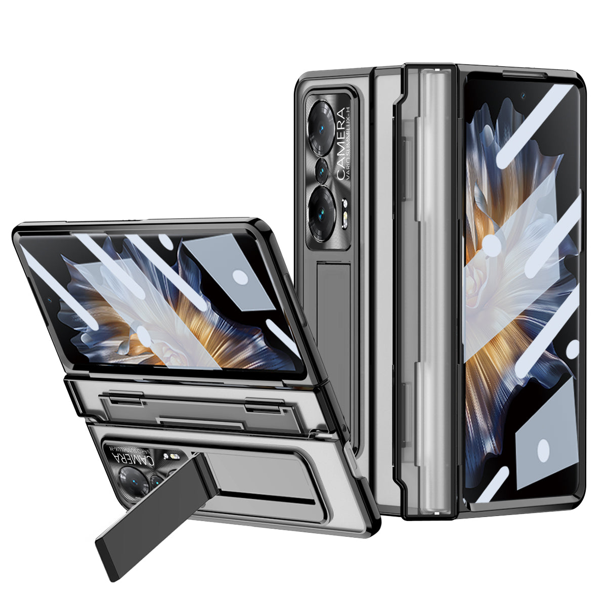 For Honor Magic Vs Ultimate 5G / Magic Vs 5G Anti-fall Transparent Phone Case Electroplating PC Folding Back Cover Kickstand with Tempered Glass Film