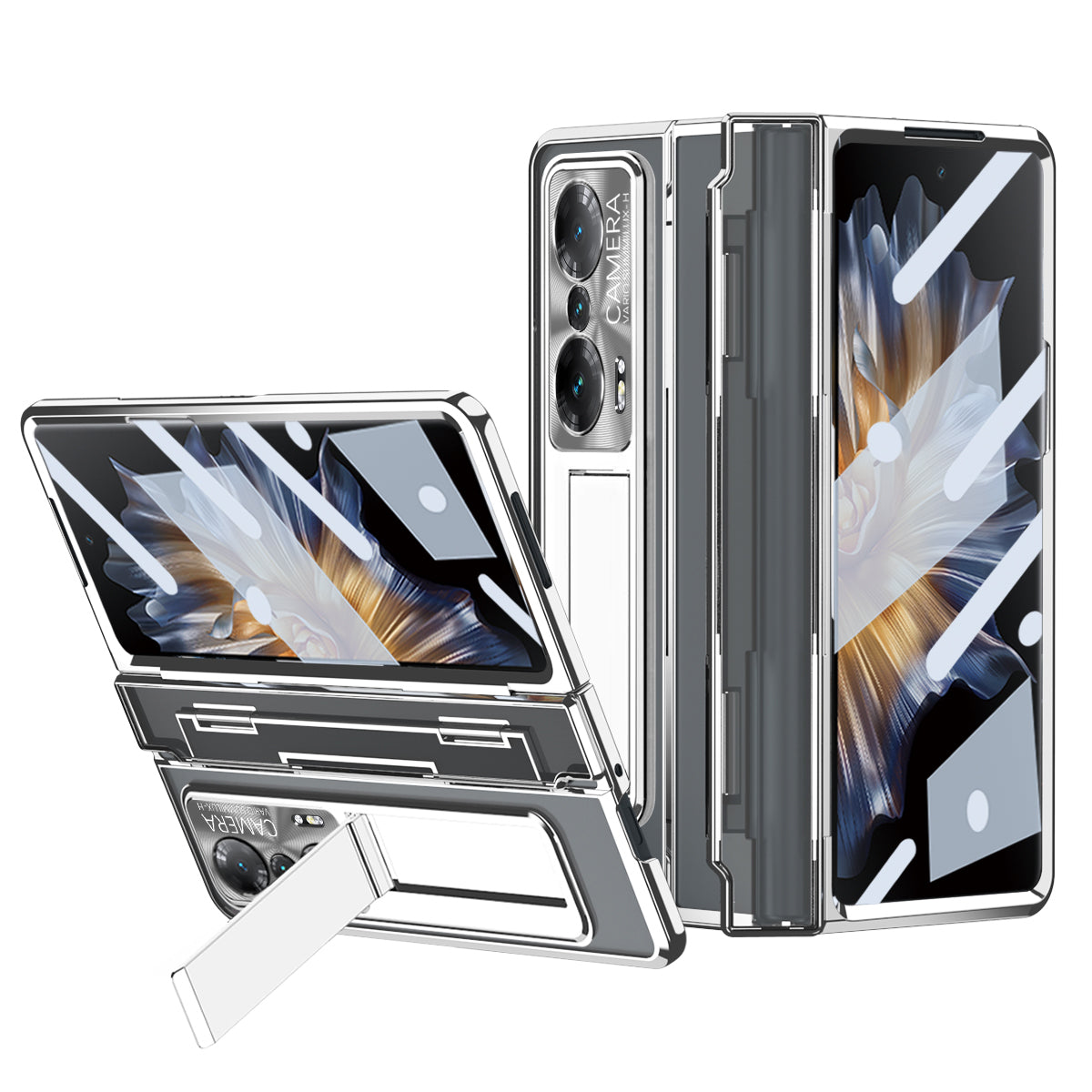 For Honor Magic Vs Ultimate 5G / Magic Vs 5G Anti-fall Transparent Phone Case Electroplating PC Folding Back Cover Kickstand with Tempered Glass Film