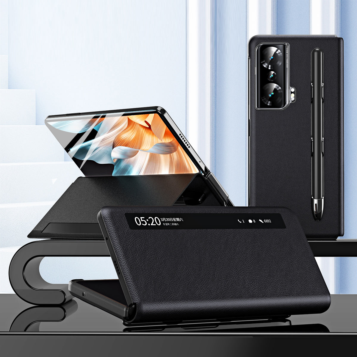 For Honor Magic Vs Ultimate 5G / Magic Vs 5G View Window Litchi Texture PU Leather Case Foldable Stand Cover with Pen Slot and Stylus Pen