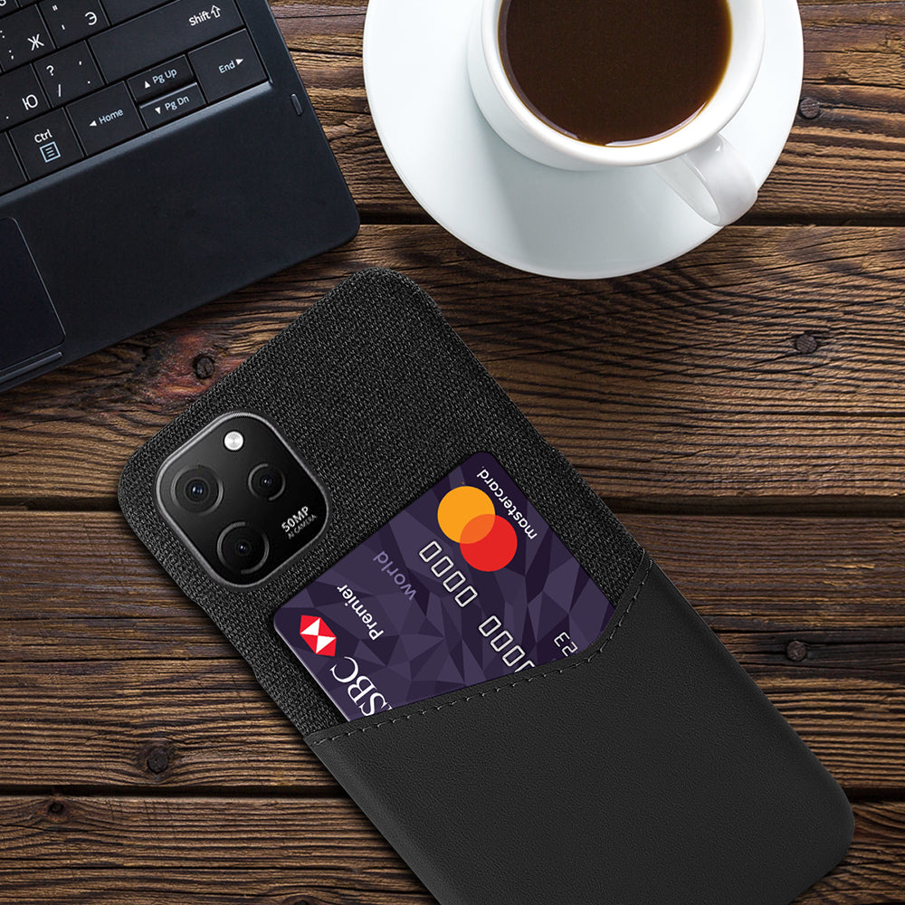 For Huawei nova Y61 4G Cloth Texture Card Holder Phone Case Anti-drop PU Leather Coated Hard PC Cover