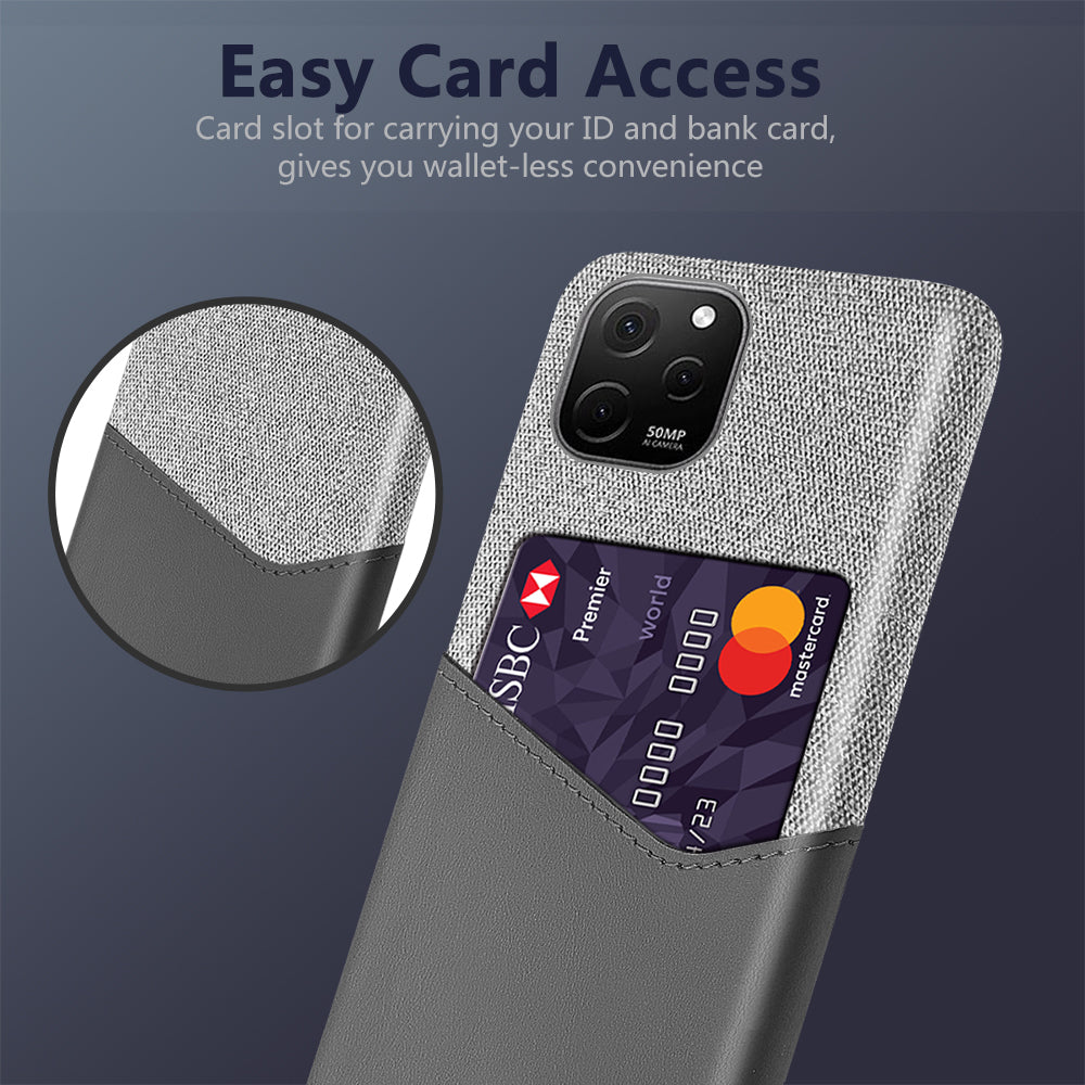 For Huawei nova Y61 4G Cloth Texture Card Holder Phone Case Anti-drop PU Leather Coated Hard PC Cover