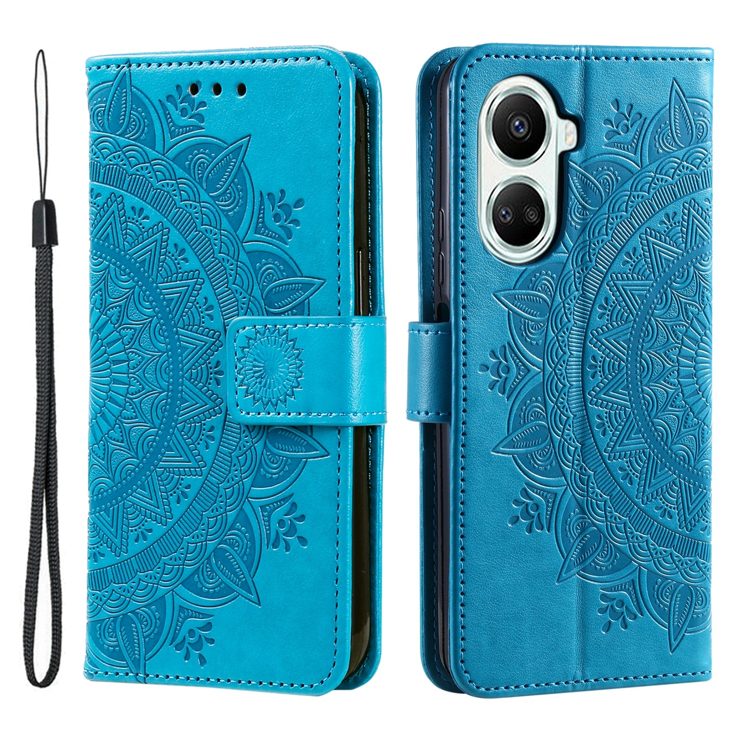 For Huawei nova 10 SE 4G Shockproof Imprinted Mandala Flower Phone Case Anti-drop Wallet Stand Cover with Strap