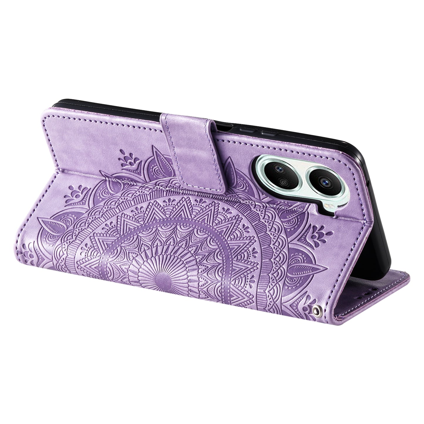 For Huawei nova 10 SE 4G Shockproof Imprinted Mandala Flower Phone Case Anti-drop Wallet Stand Cover with Strap
