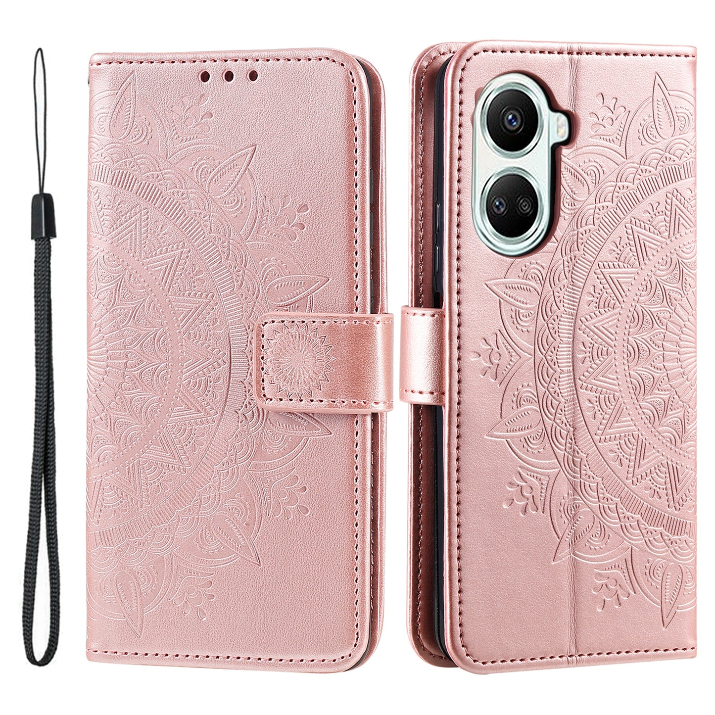 For Huawei nova 10 SE 4G Shockproof Imprinted Mandala Flower Phone Case Anti-drop Wallet Stand Cover with Strap