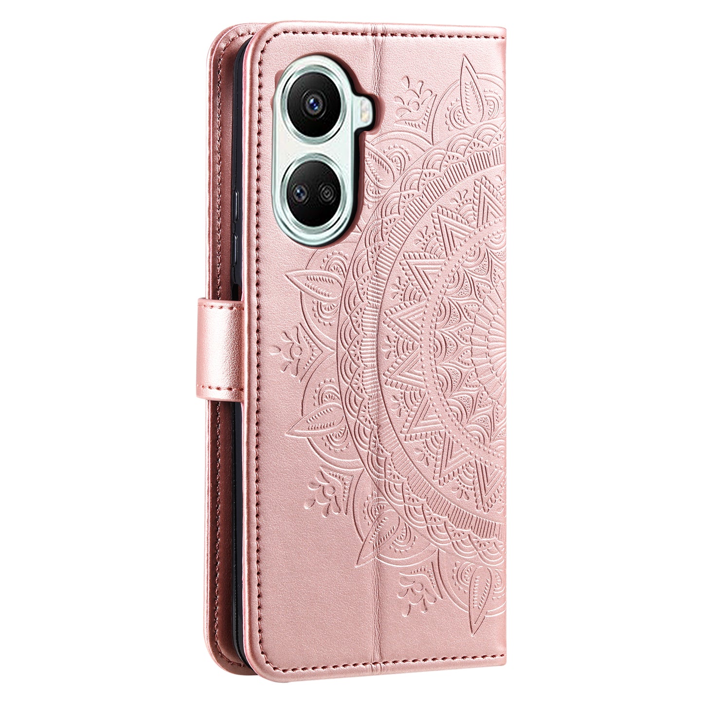 For Huawei nova 10 SE 4G Shockproof Imprinted Mandala Flower Phone Case Anti-drop Wallet Stand Cover with Strap