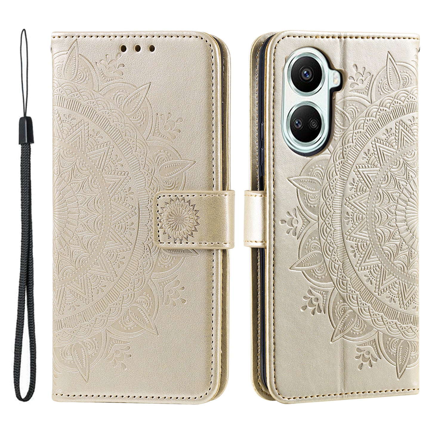 For Huawei nova 10 SE 4G Shockproof Imprinted Mandala Flower Phone Case Anti-drop Wallet Stand Cover with Strap