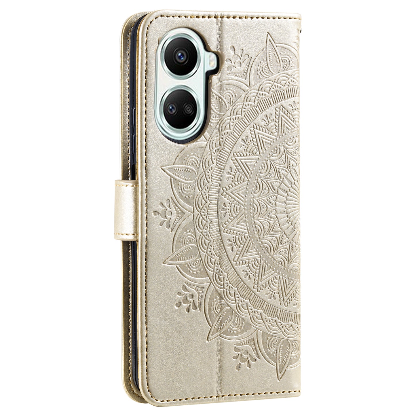 For Huawei nova 10 SE 4G Shockproof Imprinted Mandala Flower Phone Case Anti-drop Wallet Stand Cover with Strap
