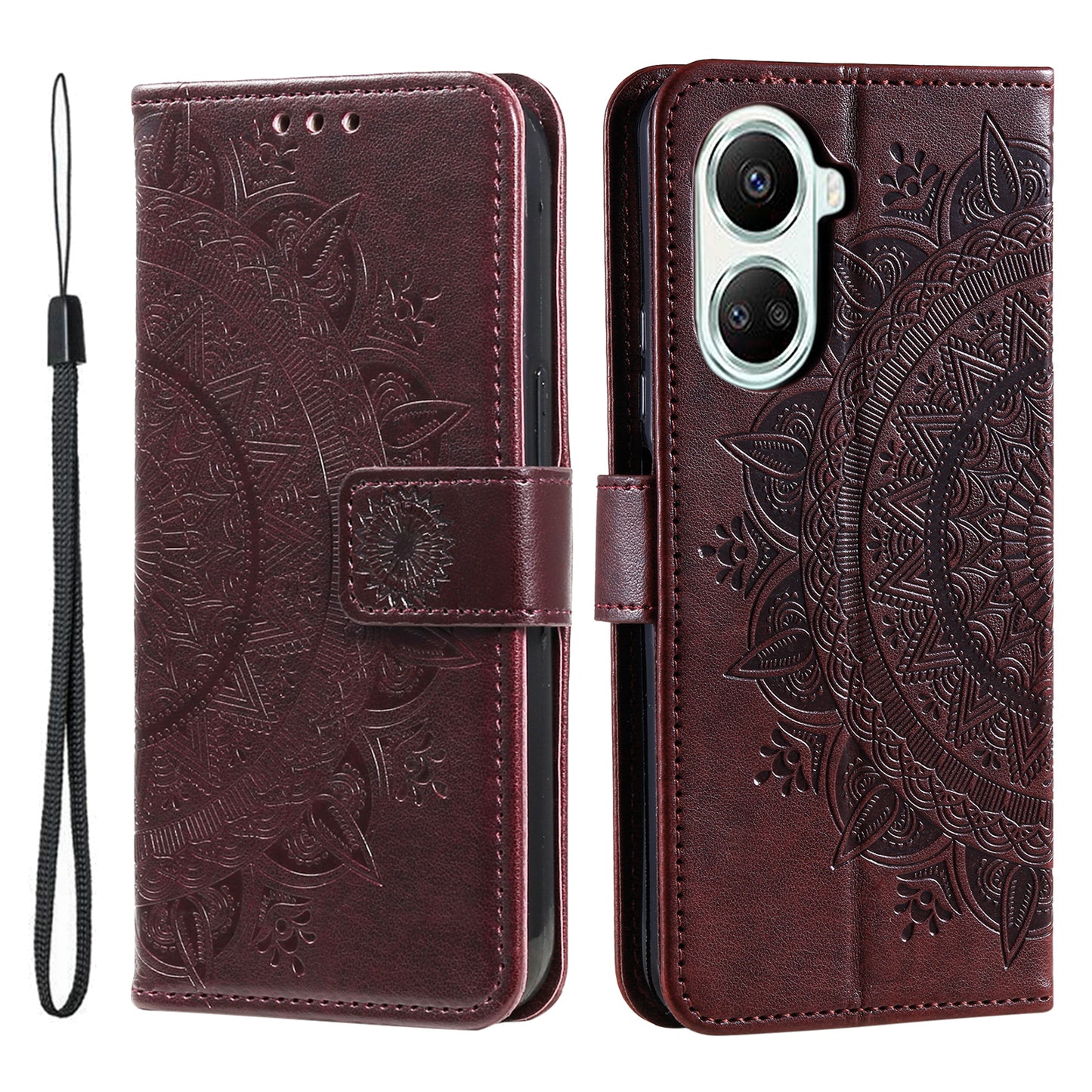 For Huawei nova 10 SE 4G Shockproof Imprinted Mandala Flower Phone Case Anti-drop Wallet Stand Cover with Strap