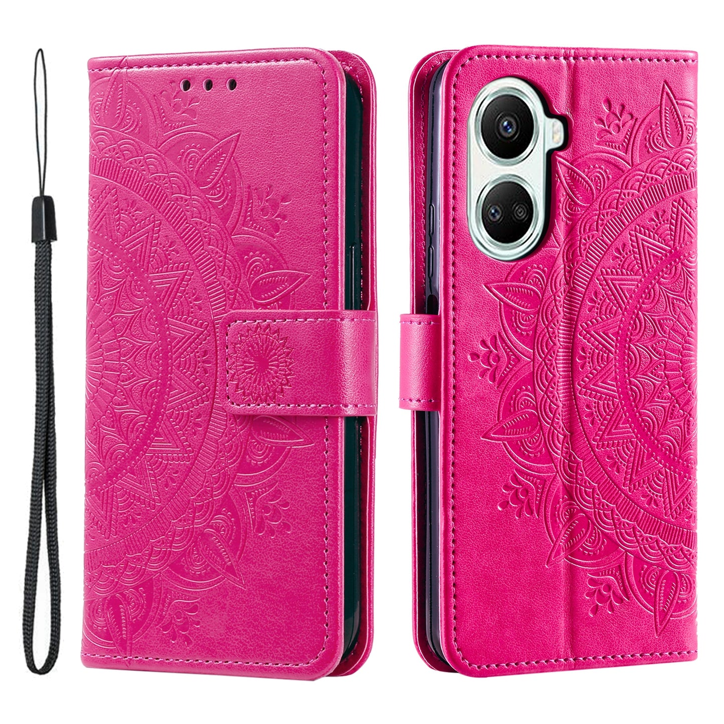 For Huawei nova 10 SE 4G Shockproof Imprinted Mandala Flower Phone Case Anti-drop Wallet Stand Cover with Strap