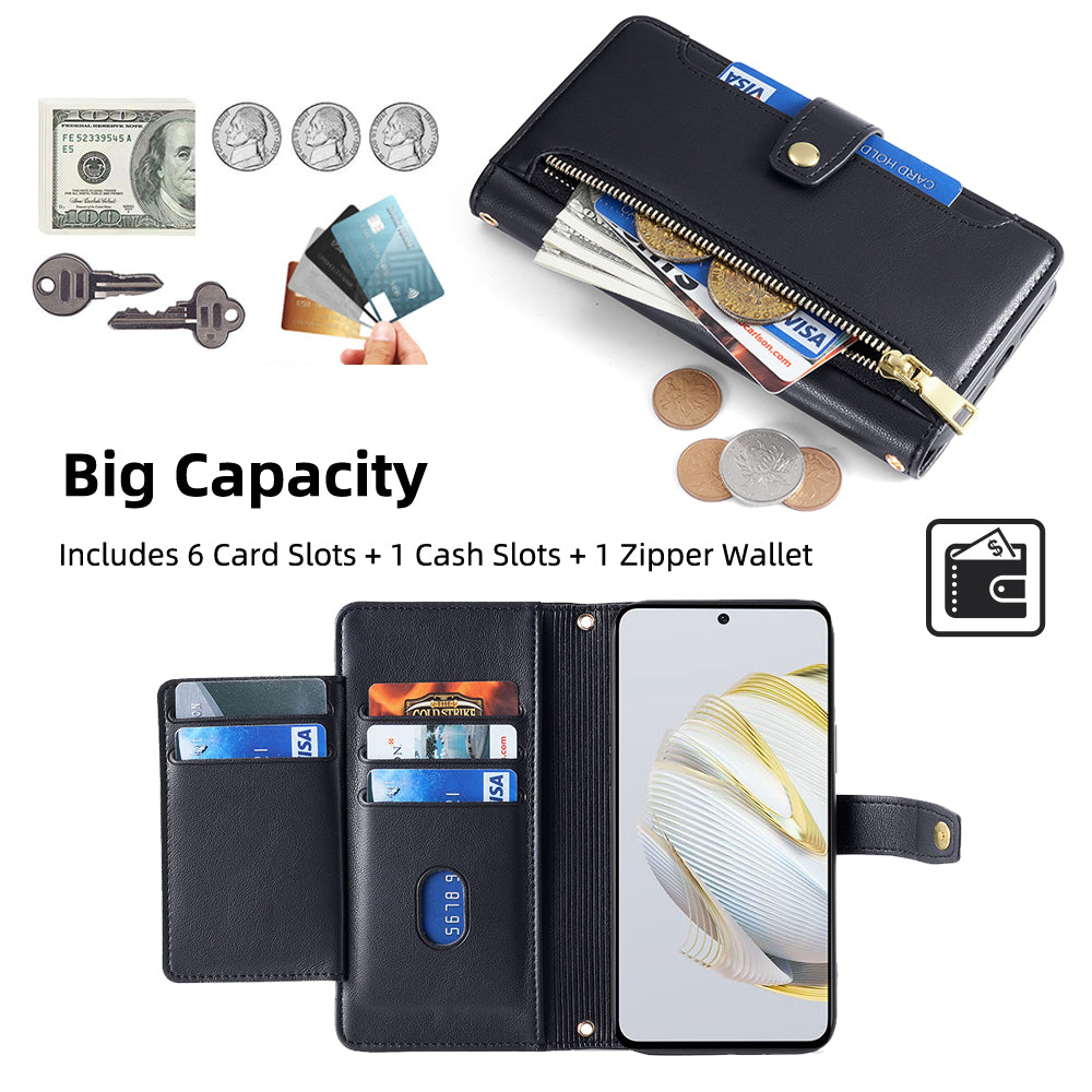 For Huawei nova 10 SE 4G PU Leather Hands-free Stand Case Zipper Pocket Card Slots Flip Phone Cover with Wrist Strap and Shoulder Strap