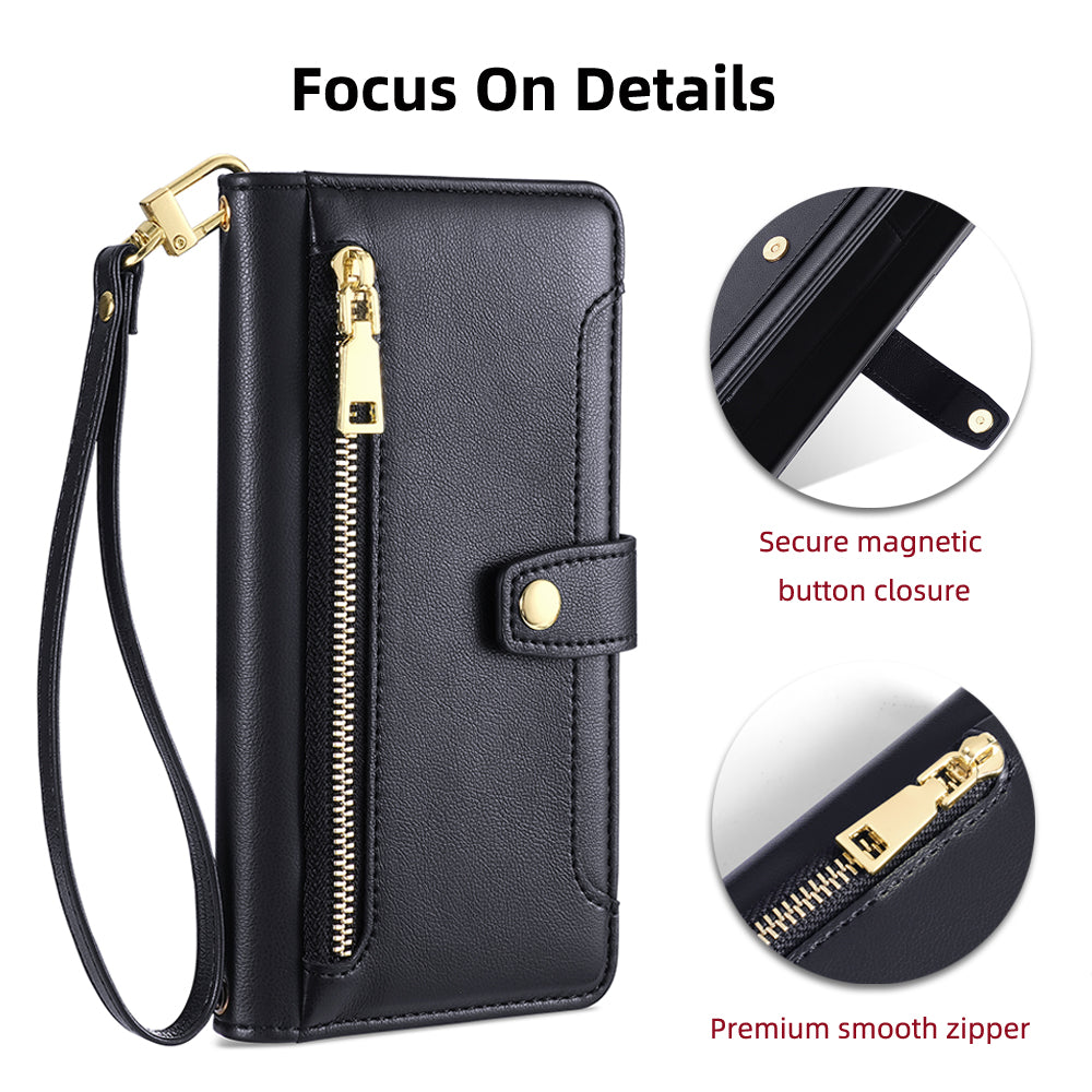 For Huawei nova 10 SE 4G PU Leather Hands-free Stand Case Zipper Pocket Card Slots Flip Phone Cover with Wrist Strap and Shoulder Strap