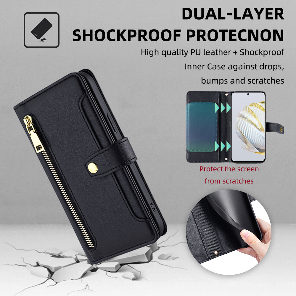 For Huawei nova 10 SE 4G PU Leather Hands-free Stand Case Zipper Pocket Card Slots Flip Phone Cover with Wrist Strap and Shoulder Strap