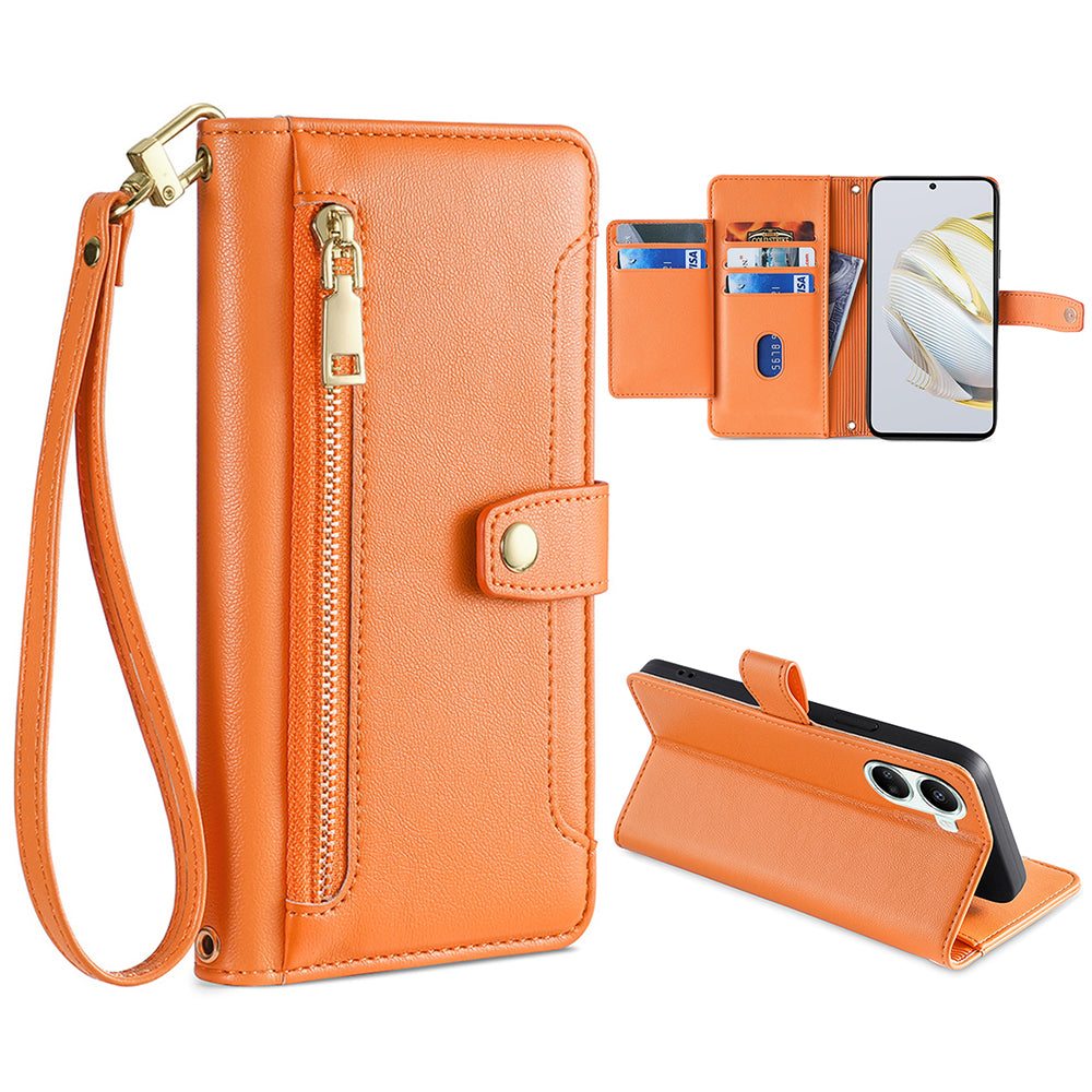 For Huawei nova 10 SE 4G PU Leather Hands-free Stand Case Zipper Pocket Card Slots Flip Phone Cover with Wrist Strap and Shoulder Strap
