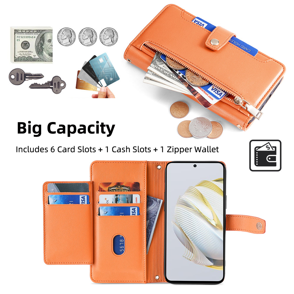 For Huawei nova 10 SE 4G PU Leather Hands-free Stand Case Zipper Pocket Card Slots Flip Phone Cover with Wrist Strap and Shoulder Strap