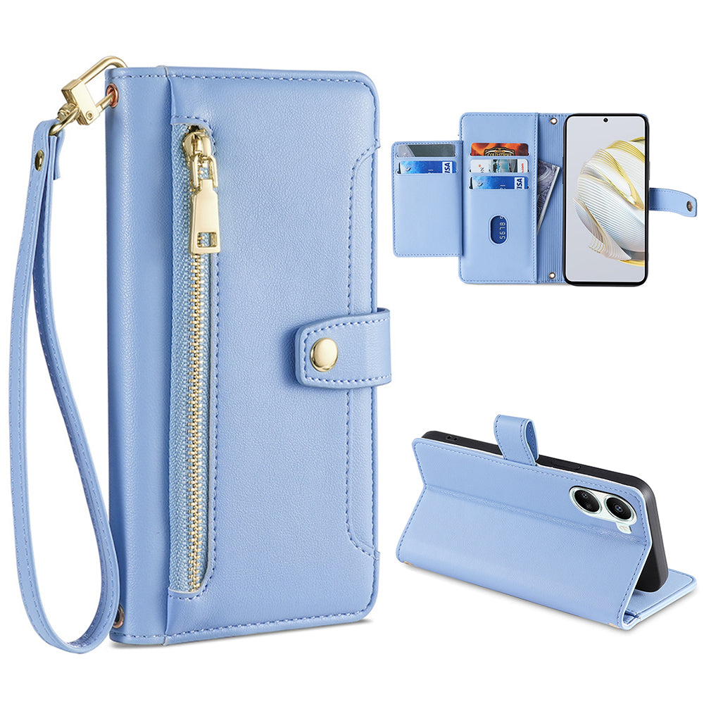 For Huawei nova 10 SE 4G PU Leather Hands-free Stand Case Zipper Pocket Card Slots Flip Phone Cover with Wrist Strap and Shoulder Strap