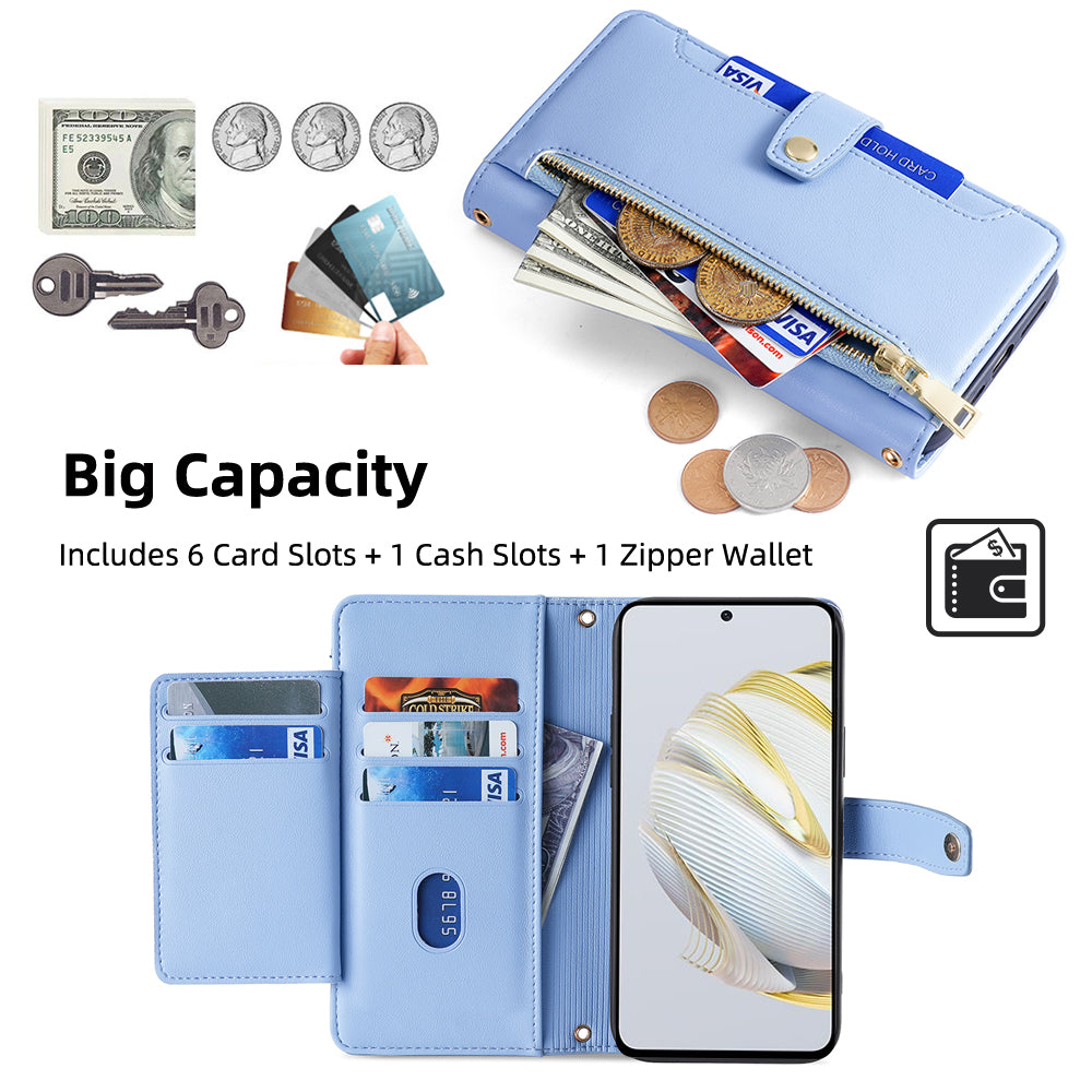 For Huawei nova 10 SE 4G PU Leather Hands-free Stand Case Zipper Pocket Card Slots Flip Phone Cover with Wrist Strap and Shoulder Strap
