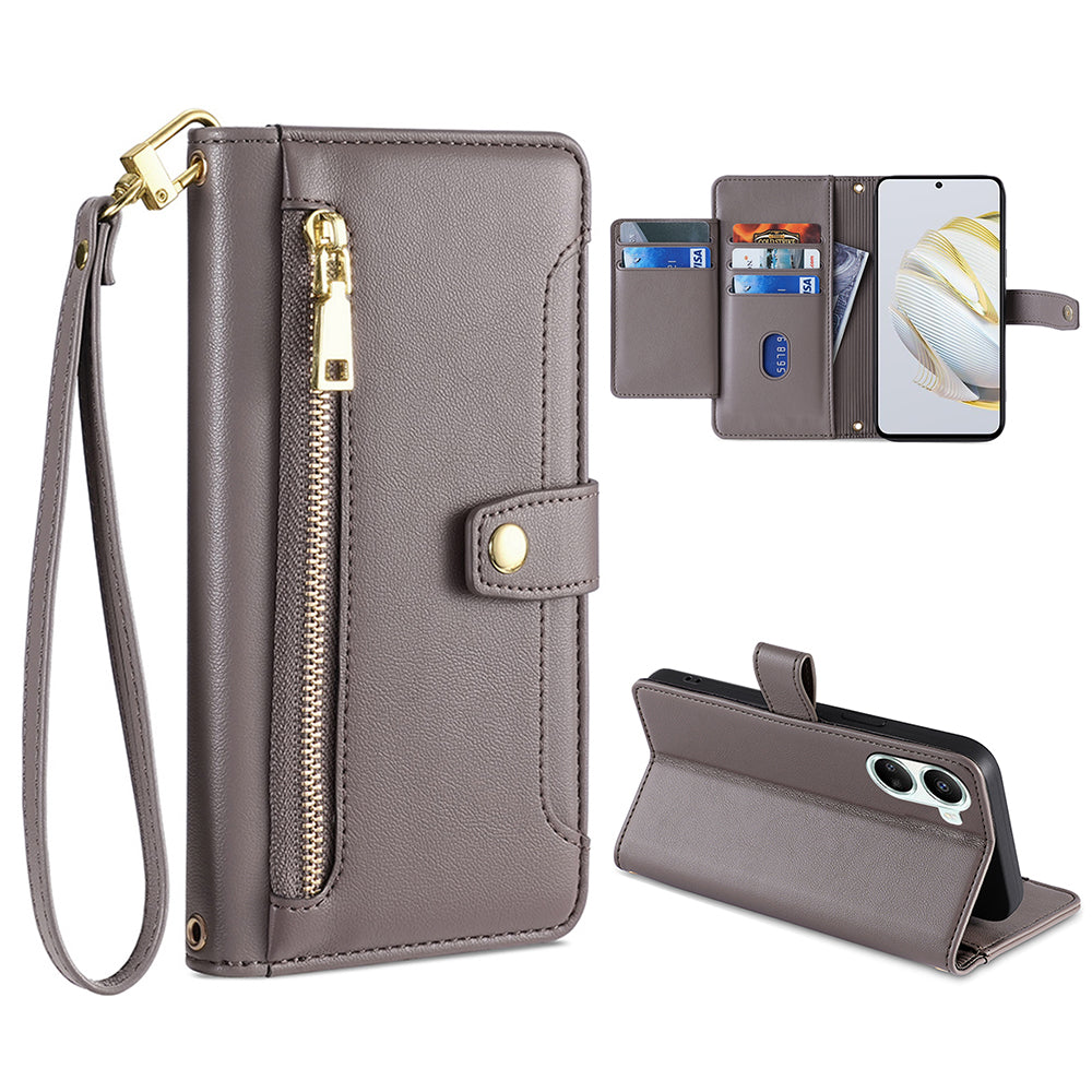 For Huawei nova 10 SE 4G PU Leather Hands-free Stand Case Zipper Pocket Card Slots Flip Phone Cover with Wrist Strap and Shoulder Strap