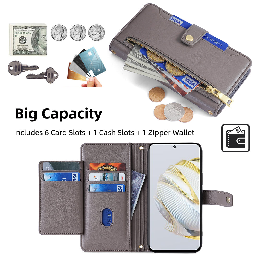 For Huawei nova 10 SE 4G PU Leather Hands-free Stand Case Zipper Pocket Card Slots Flip Phone Cover with Wrist Strap and Shoulder Strap