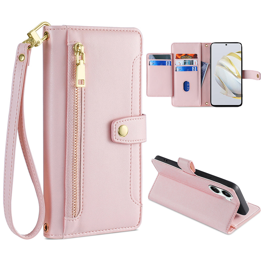 For Huawei nova 10 SE 4G PU Leather Hands-free Stand Case Zipper Pocket Card Slots Flip Phone Cover with Wrist Strap and Shoulder Strap