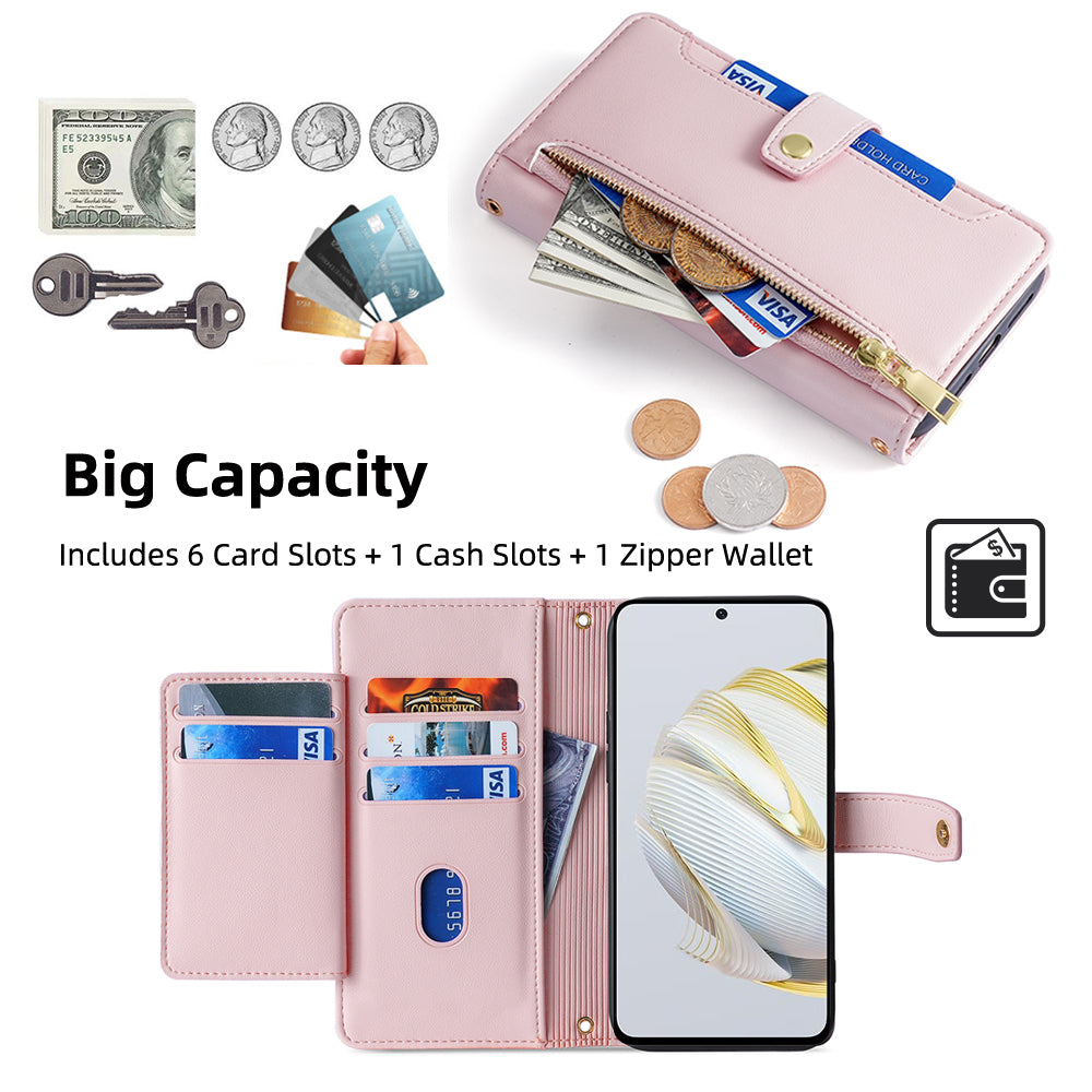 For Huawei nova 10 SE 4G PU Leather Hands-free Stand Case Zipper Pocket Card Slots Flip Phone Cover with Wrist Strap and Shoulder Strap
