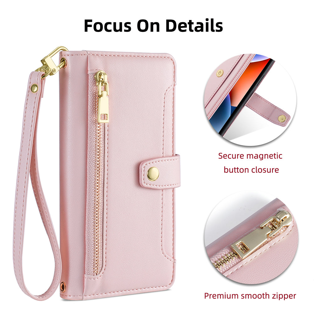 For Huawei nova 10 SE 4G PU Leather Hands-free Stand Case Zipper Pocket Card Slots Flip Phone Cover with Wrist Strap and Shoulder Strap