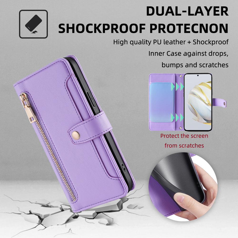 For Huawei nova 10 SE 4G PU Leather Hands-free Stand Case Zipper Pocket Card Slots Flip Phone Cover with Wrist Strap and Shoulder Strap