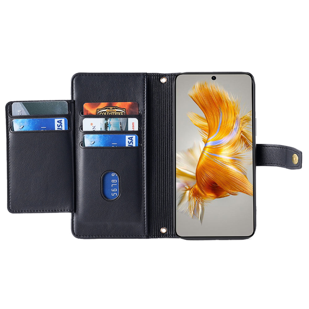 For Huawei Mate 50 4G PU Leather Hands-free Stand Case Zipper Pocket Card Slots Flip Phone Cover with Wrist Strap and Shoulder Strap