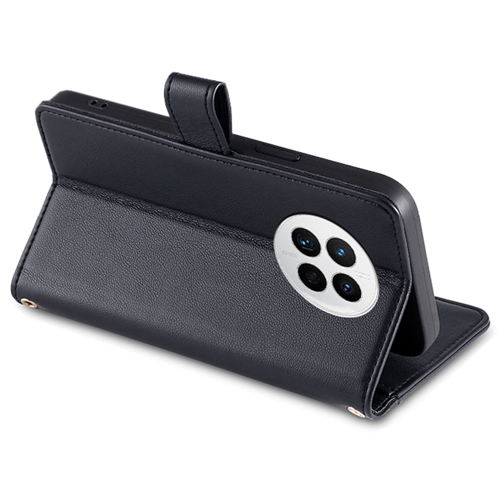 For Huawei Mate 50 4G PU Leather Hands-free Stand Case Zipper Pocket Card Slots Flip Phone Cover with Wrist Strap and Shoulder Strap