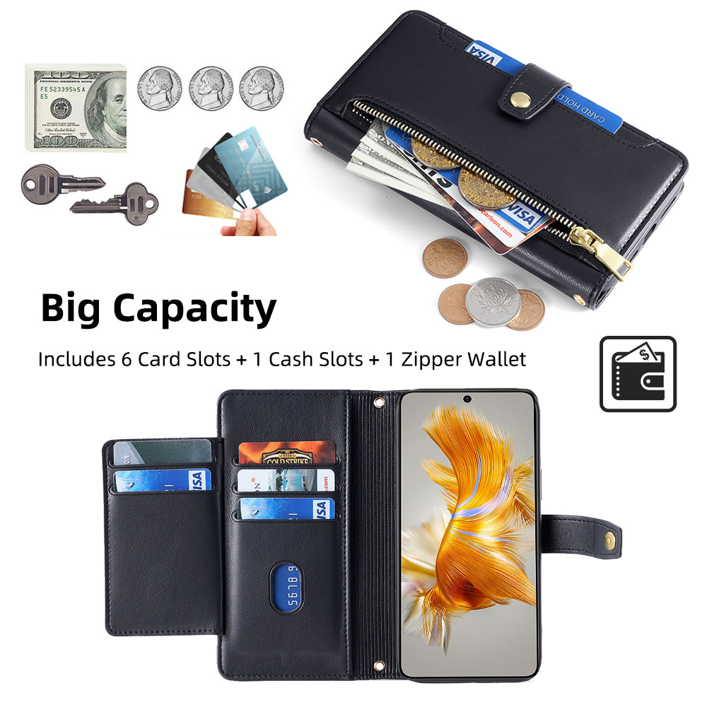 For Huawei Mate 50 4G PU Leather Hands-free Stand Case Zipper Pocket Card Slots Flip Phone Cover with Wrist Strap and Shoulder Strap