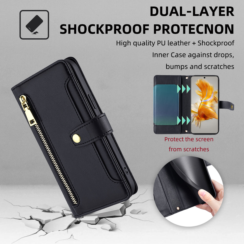 For Huawei Mate 50 4G PU Leather Hands-free Stand Case Zipper Pocket Card Slots Flip Phone Cover with Wrist Strap and Shoulder Strap