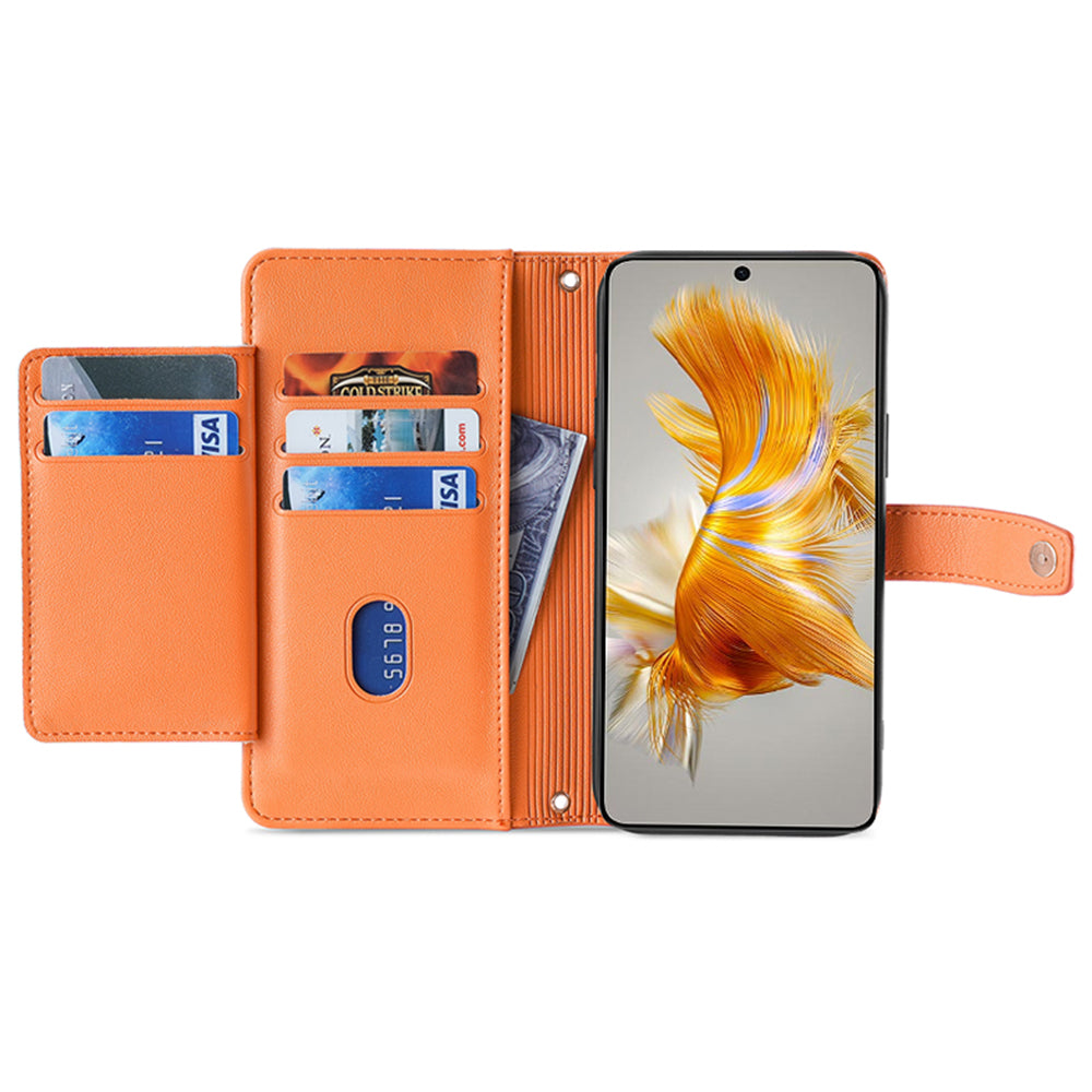 For Huawei Mate 50 4G PU Leather Hands-free Stand Case Zipper Pocket Card Slots Flip Phone Cover with Wrist Strap and Shoulder Strap