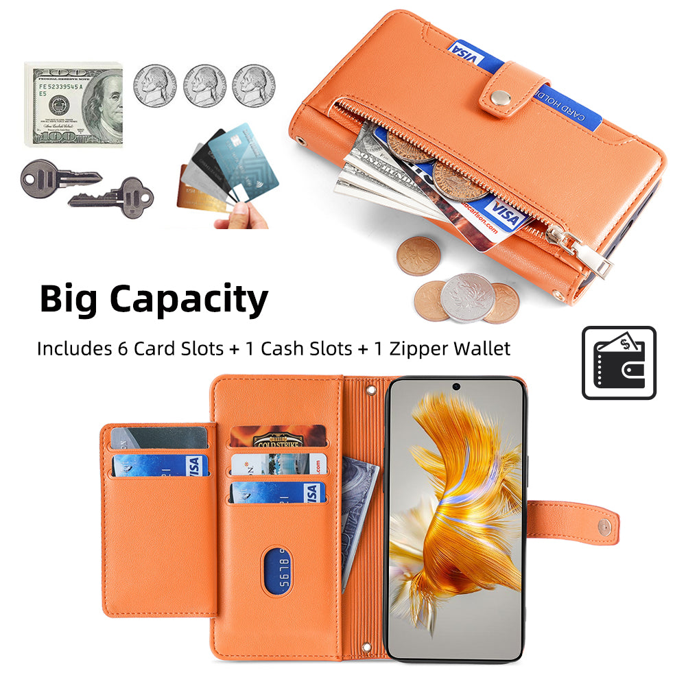 For Huawei Mate 50 4G PU Leather Hands-free Stand Case Zipper Pocket Card Slots Flip Phone Cover with Wrist Strap and Shoulder Strap