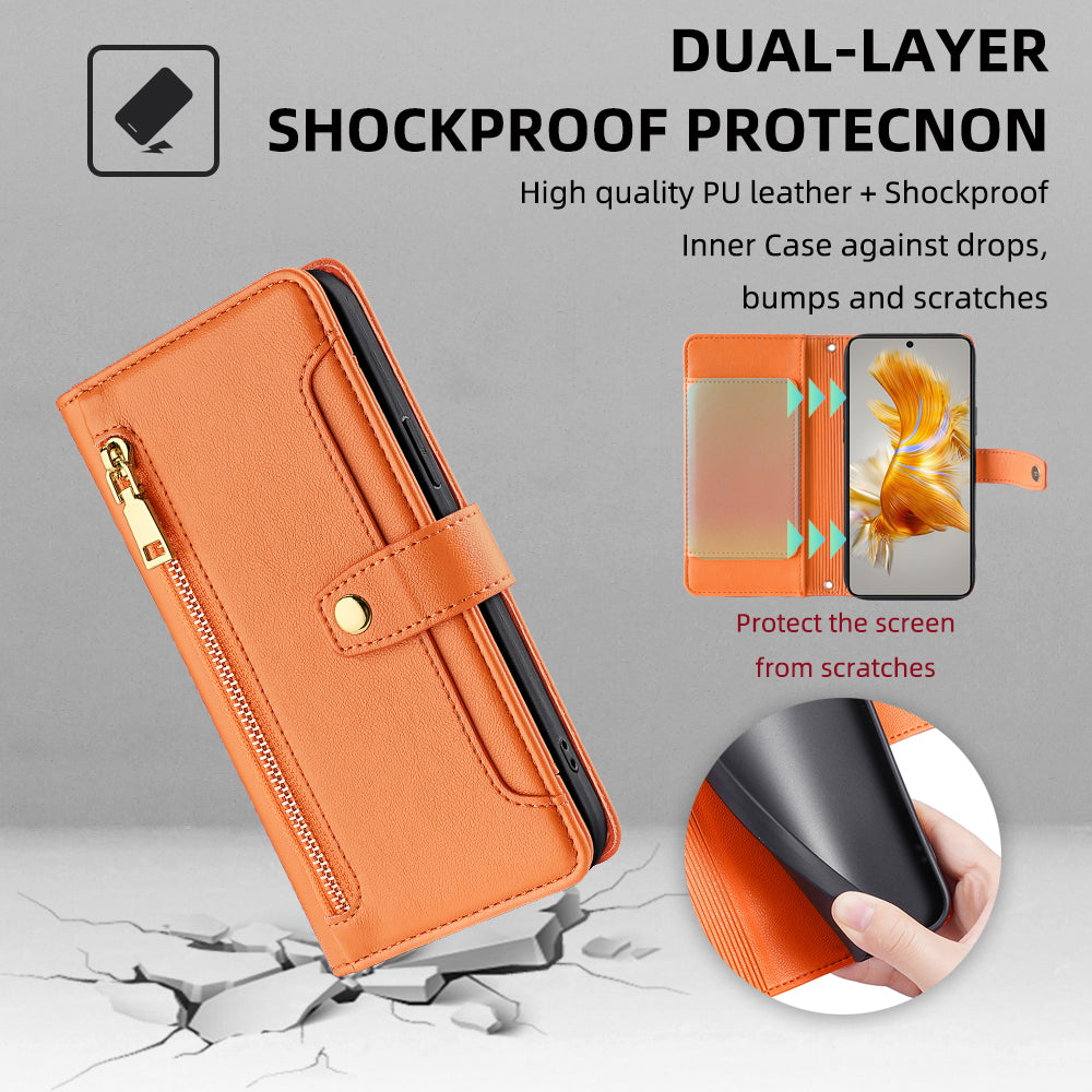 For Huawei Mate 50 4G PU Leather Hands-free Stand Case Zipper Pocket Card Slots Flip Phone Cover with Wrist Strap and Shoulder Strap