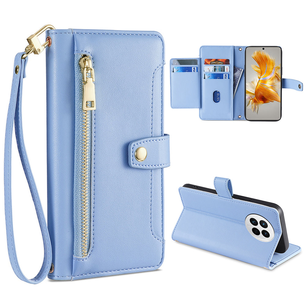 For Huawei Mate 50 4G PU Leather Hands-free Stand Case Zipper Pocket Card Slots Flip Phone Cover with Wrist Strap and Shoulder Strap