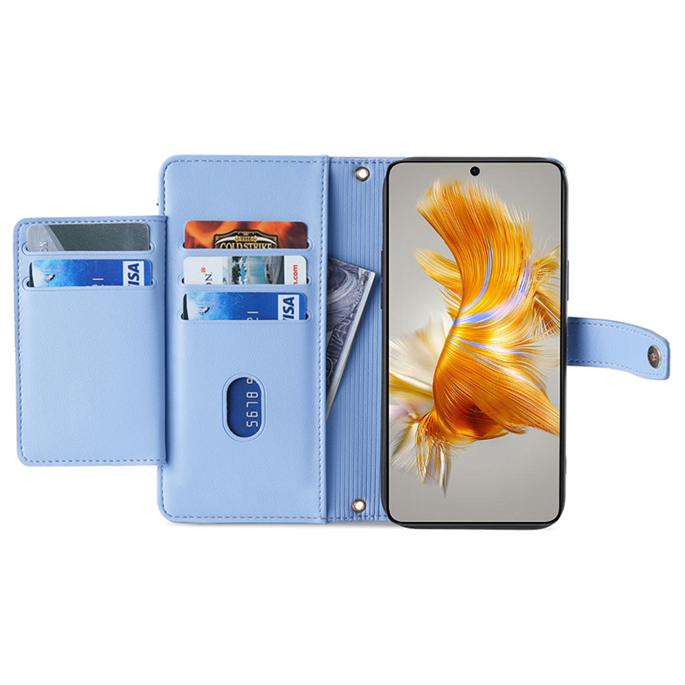 For Huawei Mate 50 4G PU Leather Hands-free Stand Case Zipper Pocket Card Slots Flip Phone Cover with Wrist Strap and Shoulder Strap