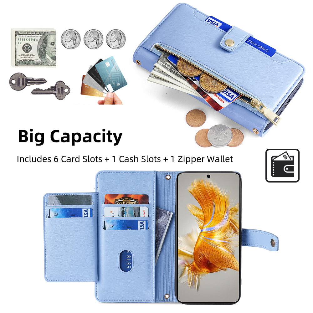 For Huawei Mate 50 4G PU Leather Hands-free Stand Case Zipper Pocket Card Slots Flip Phone Cover with Wrist Strap and Shoulder Strap