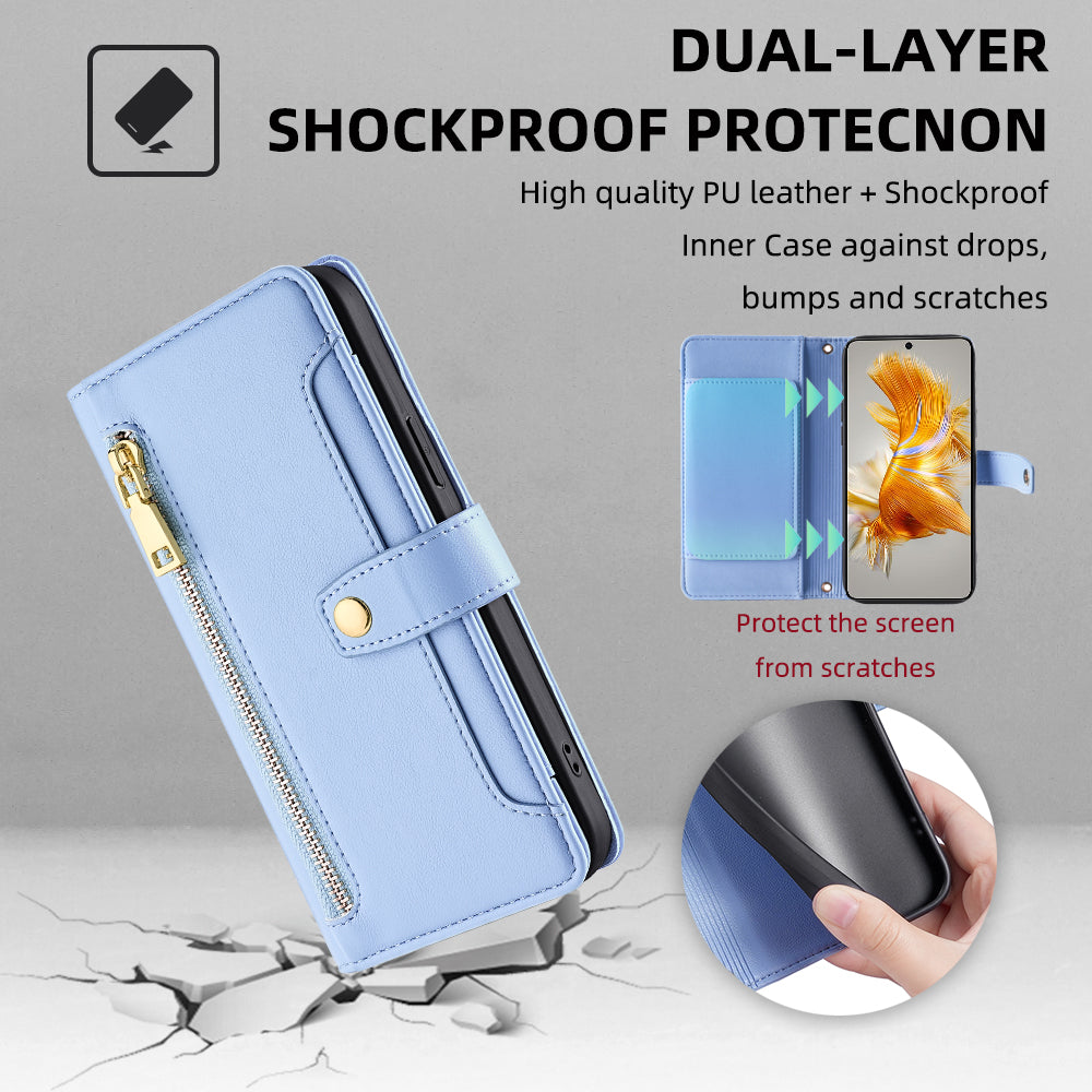 For Huawei Mate 50 4G PU Leather Hands-free Stand Case Zipper Pocket Card Slots Flip Phone Cover with Wrist Strap and Shoulder Strap
