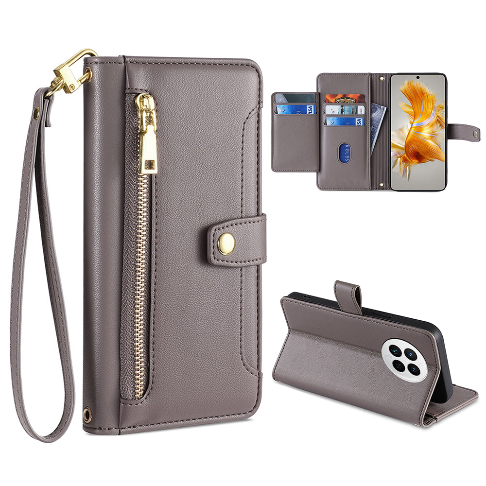 For Huawei Mate 50 4G PU Leather Hands-free Stand Case Zipper Pocket Card Slots Flip Phone Cover with Wrist Strap and Shoulder Strap