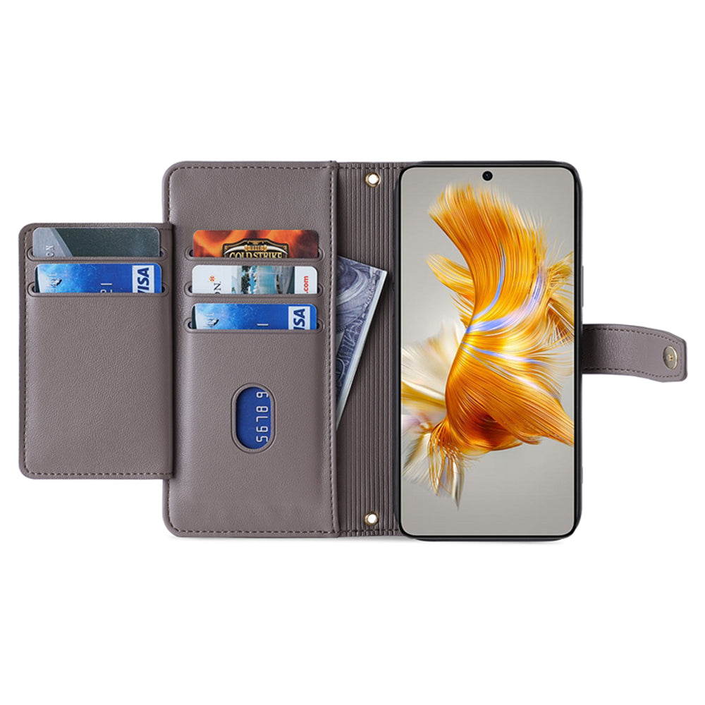 For Huawei Mate 50 4G PU Leather Hands-free Stand Case Zipper Pocket Card Slots Flip Phone Cover with Wrist Strap and Shoulder Strap