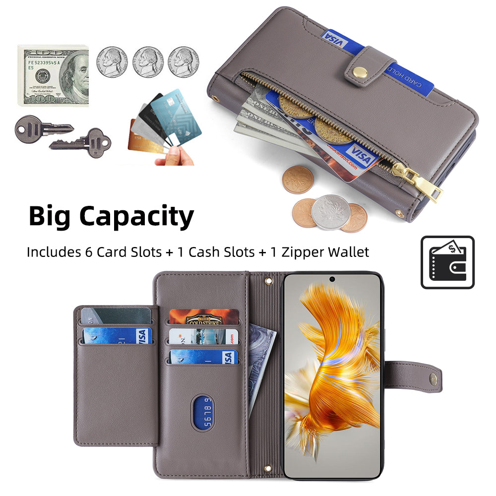 For Huawei Mate 50 4G PU Leather Hands-free Stand Case Zipper Pocket Card Slots Flip Phone Cover with Wrist Strap and Shoulder Strap
