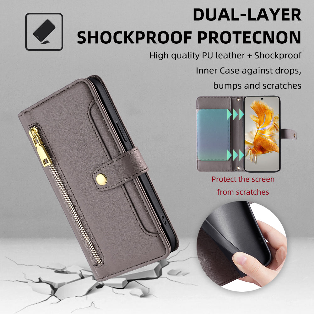 For Huawei Mate 50 4G PU Leather Hands-free Stand Case Zipper Pocket Card Slots Flip Phone Cover with Wrist Strap and Shoulder Strap