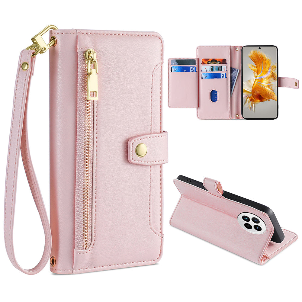 For Huawei Mate 50 4G PU Leather Hands-free Stand Case Zipper Pocket Card Slots Flip Phone Cover with Wrist Strap and Shoulder Strap