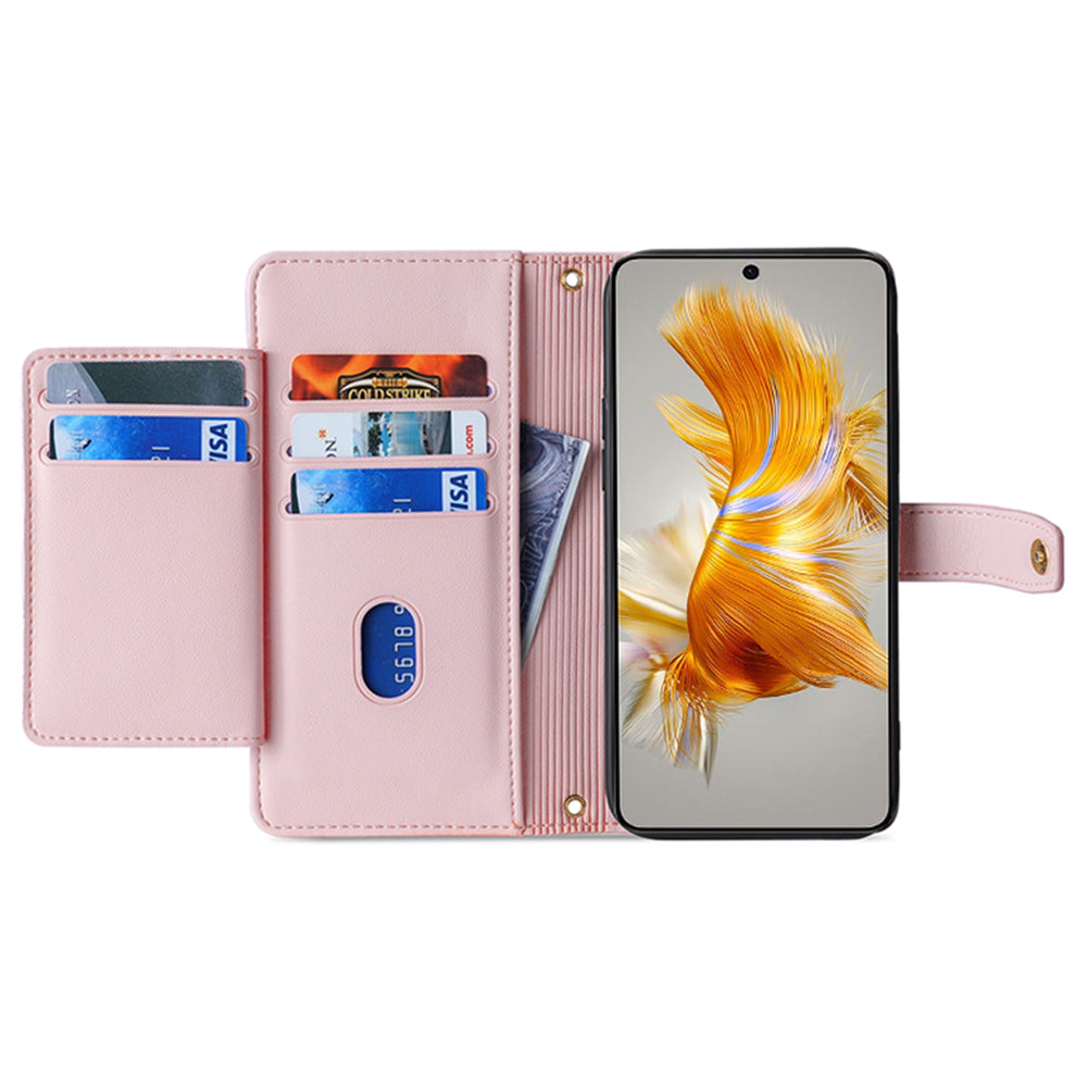 For Huawei Mate 50 4G PU Leather Hands-free Stand Case Zipper Pocket Card Slots Flip Phone Cover with Wrist Strap and Shoulder Strap