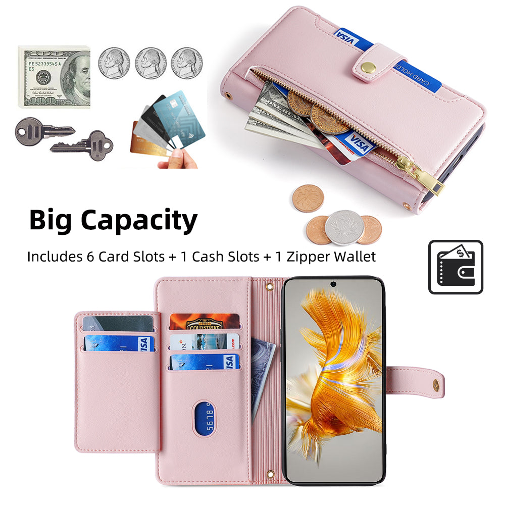 For Huawei Mate 50 4G PU Leather Hands-free Stand Case Zipper Pocket Card Slots Flip Phone Cover with Wrist Strap and Shoulder Strap