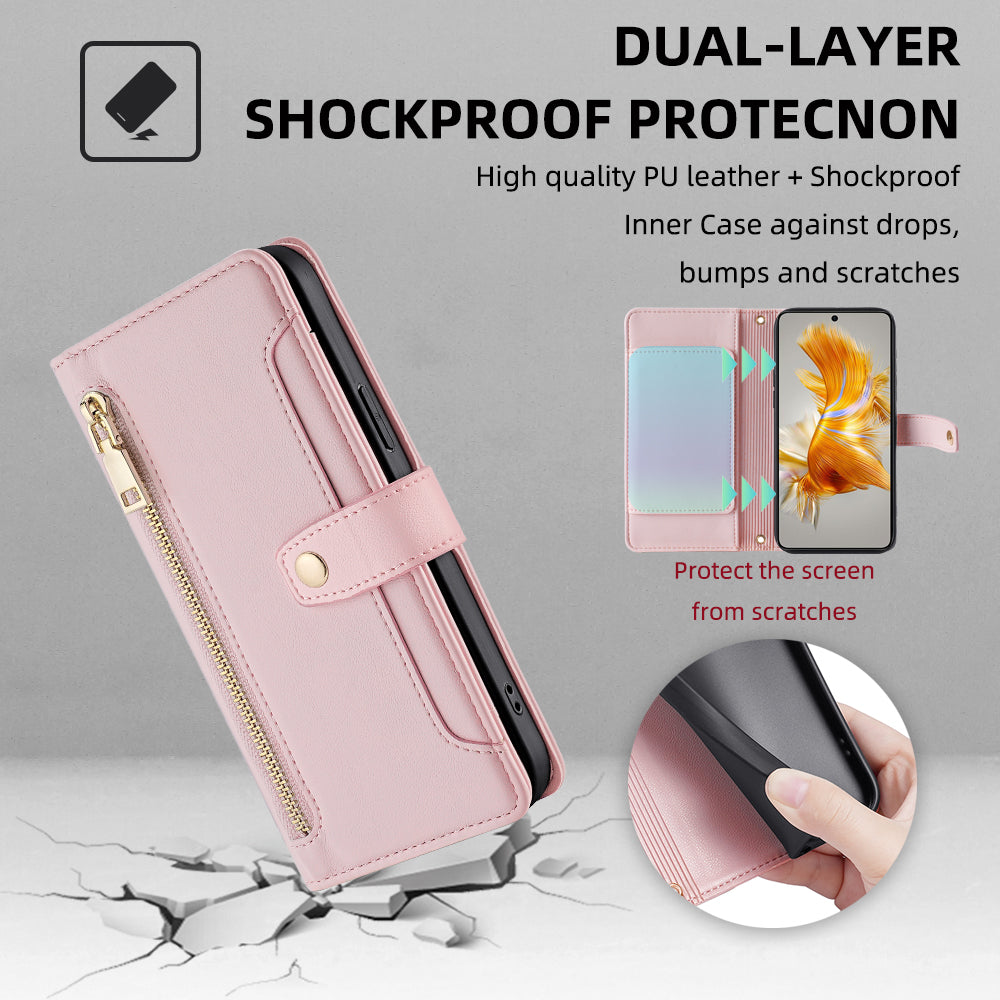 For Huawei Mate 50 4G PU Leather Hands-free Stand Case Zipper Pocket Card Slots Flip Phone Cover with Wrist Strap and Shoulder Strap