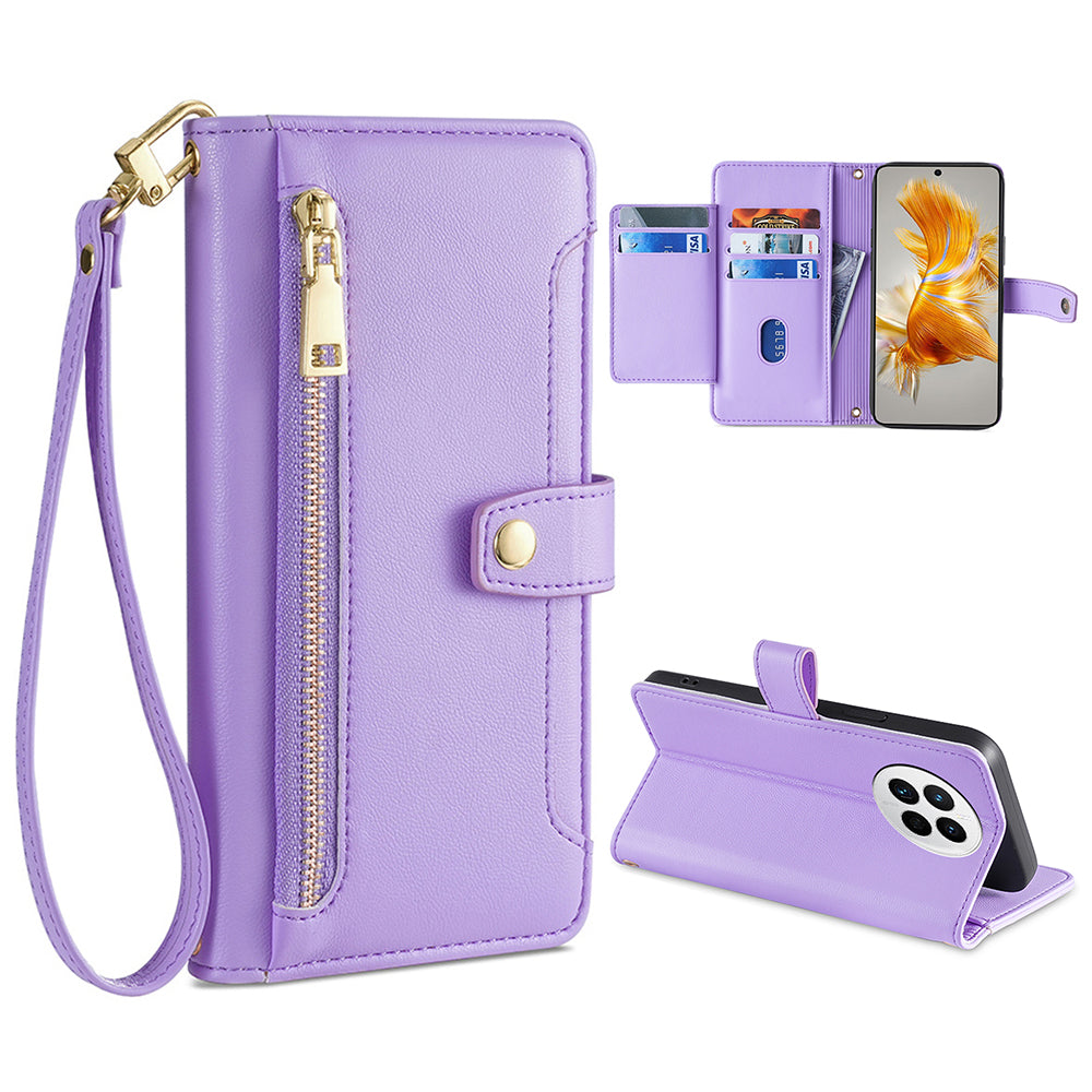 For Huawei Mate 50 4G PU Leather Hands-free Stand Case Zipper Pocket Card Slots Flip Phone Cover with Wrist Strap and Shoulder Strap