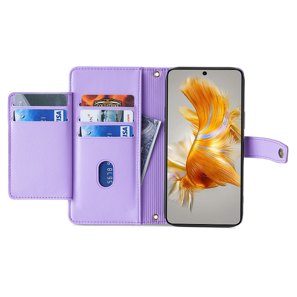 For Huawei Mate 50 4G PU Leather Hands-free Stand Case Zipper Pocket Card Slots Flip Phone Cover with Wrist Strap and Shoulder Strap