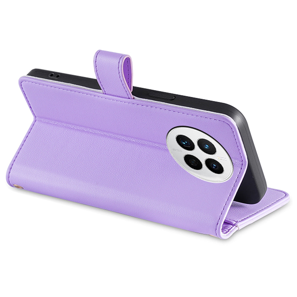 For Huawei Mate 50 4G PU Leather Hands-free Stand Case Zipper Pocket Card Slots Flip Phone Cover with Wrist Strap and Shoulder Strap